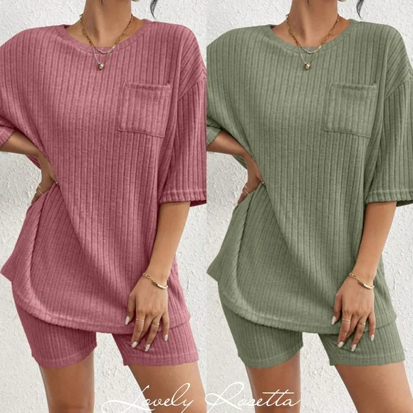 Green Ribbed Women's Shorts Set